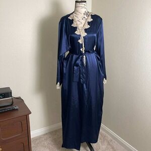 Susan Lucci Navy Blue Satin Long Robe Lace Trim Floral Applique Belted Large